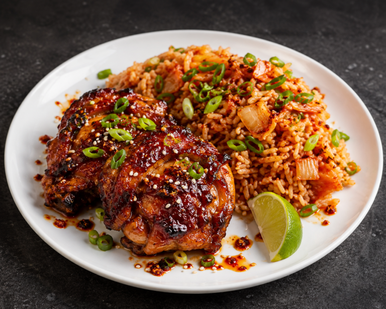 Glazed Chicken Thighs with Kimchi Fried Rice